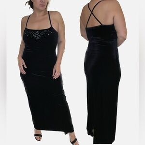Vintage 90s Currants Black Velour maxi dress with gemstones size L